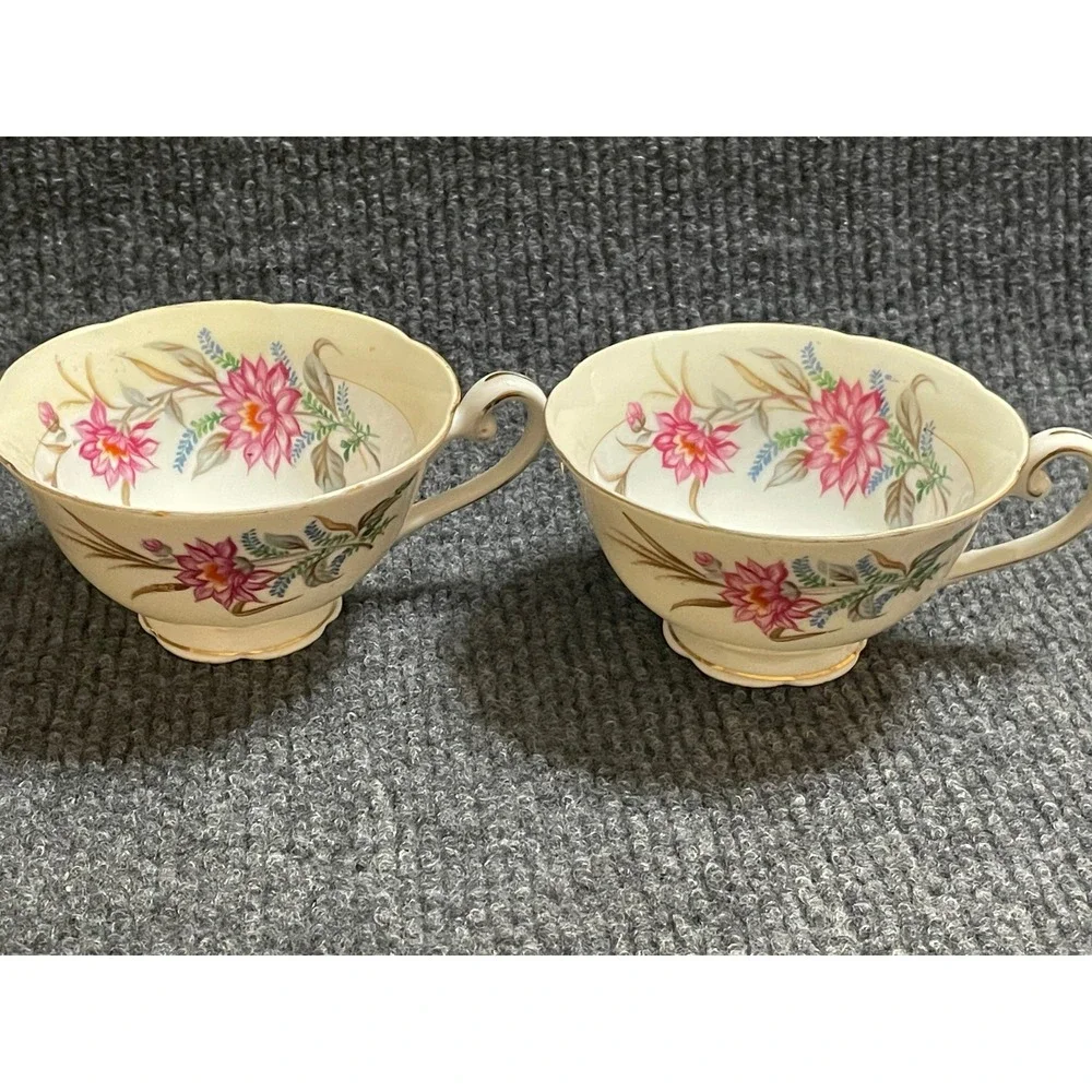 Vintage Maruyama Japan Porcelain Floral Teacups Set of 2 Pink Gold Scalloped Rim
